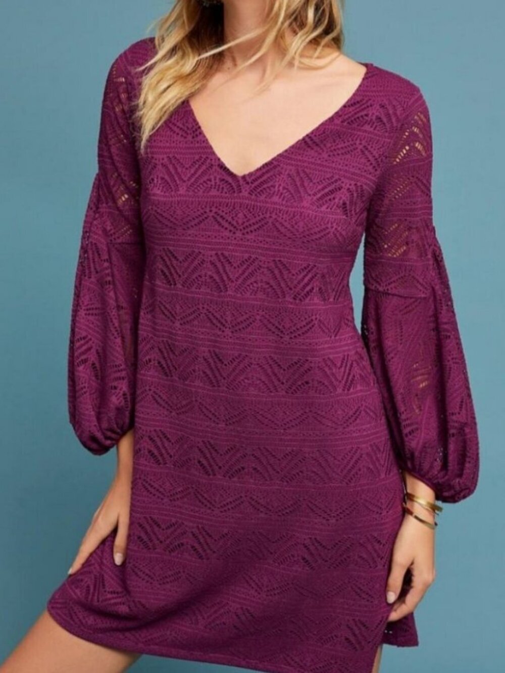 Anthropologie Maeve Purple Lace Balloon Sleeve Dress